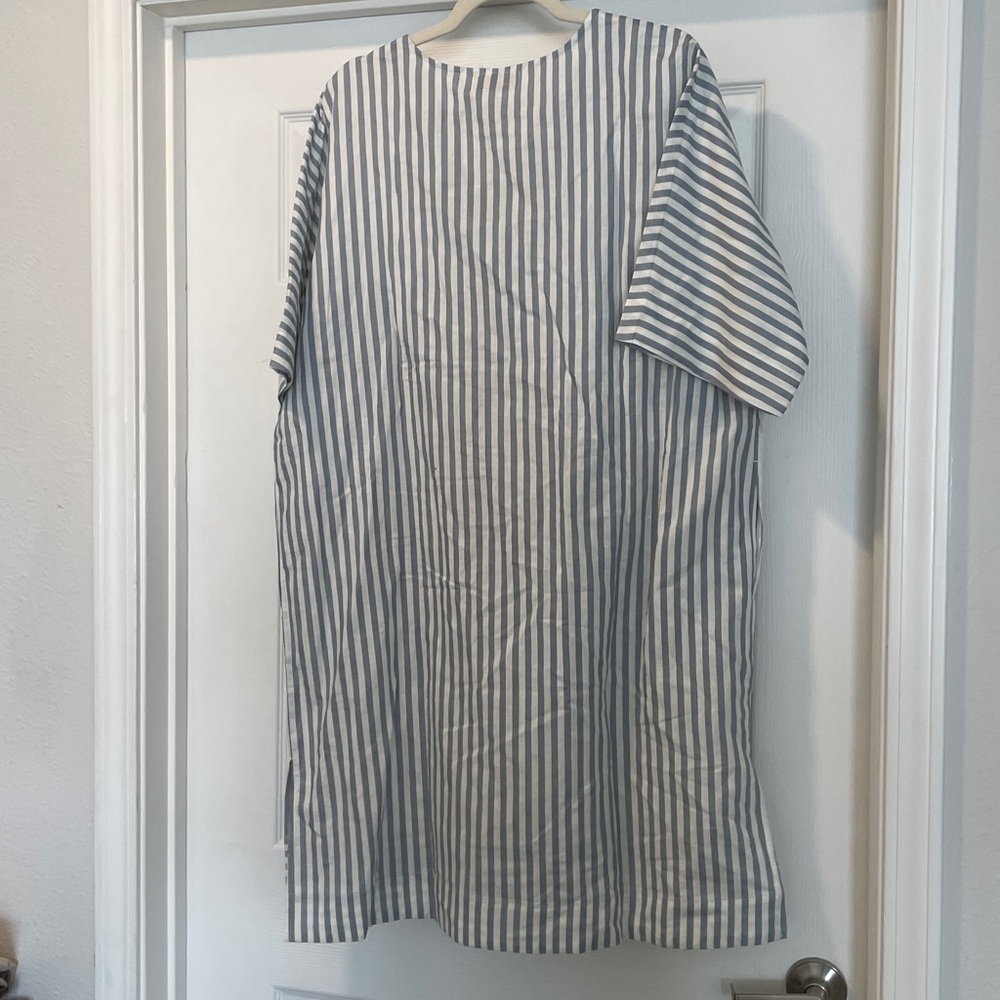 NWT LATTELOVE Linen Cotton Oversized Blue White Striped Shift Dress L - Picture 7 of 9